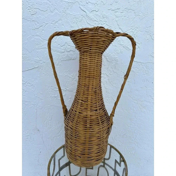 Vintage Hand Crafted Tall Handwoven Rattan Wicker Double Handle Floor Vase Brown - Picture 1 of 10